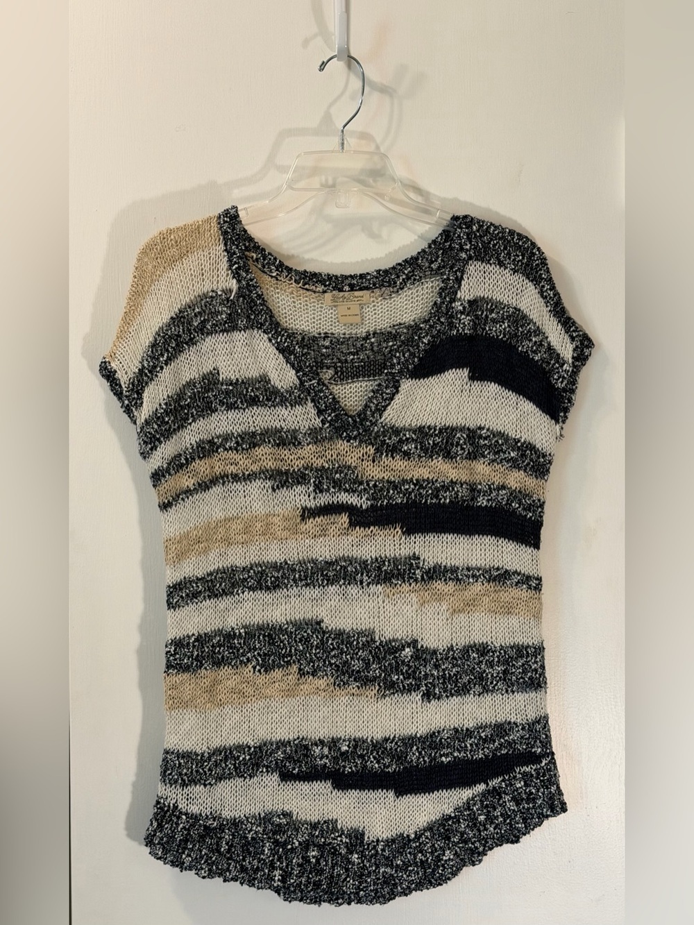 Lucky Brand Striped V-Neck Sweater Tee — Black, Cream & Tan